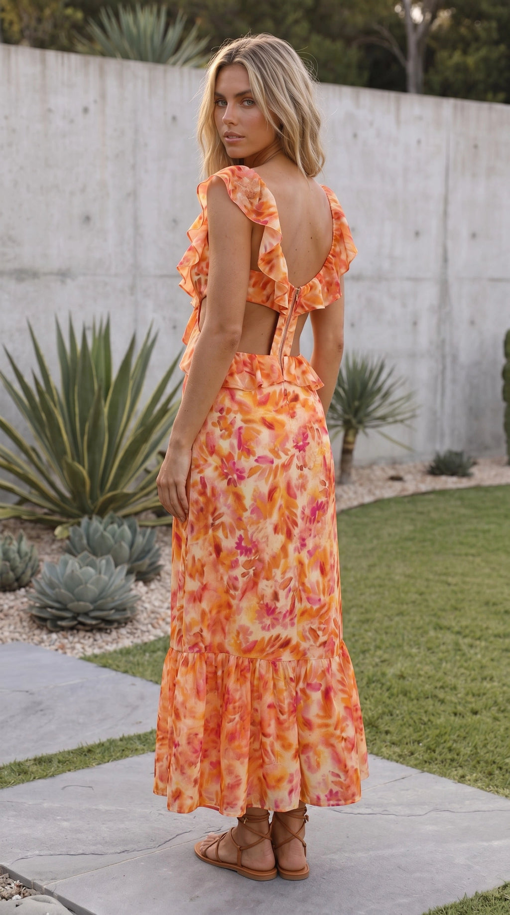 Women's V Neck Ruffle Cut-Out Floral Print Maxi Dress