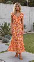Women's V Neck Ruffle Cut-Out Floral Print Maxi Dress