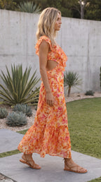 Women's V Neck Ruffle Cut-Out Floral Print Maxi Dress