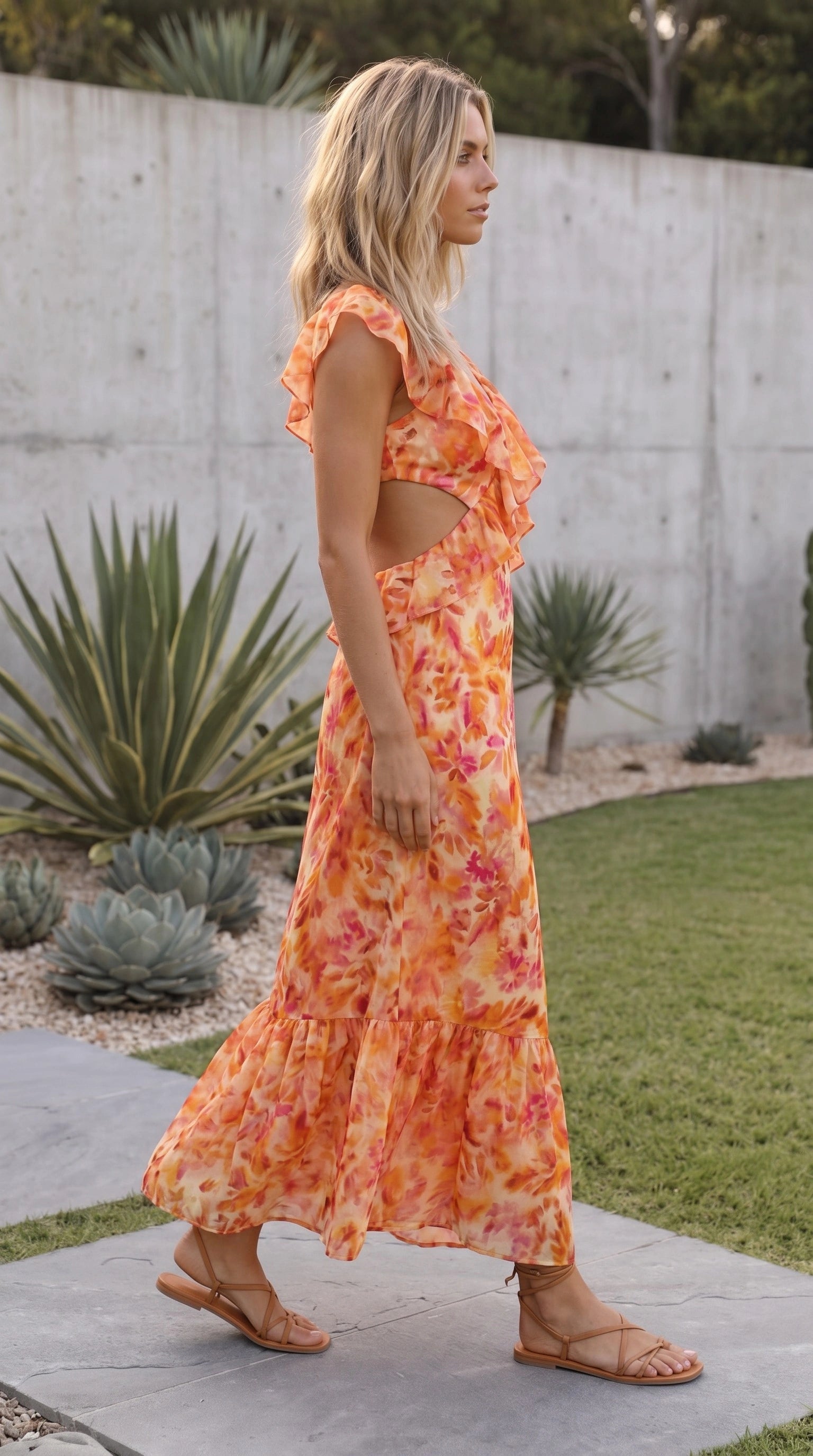 Women's V Neck Ruffle Cut-Out Floral Print Maxi Dress