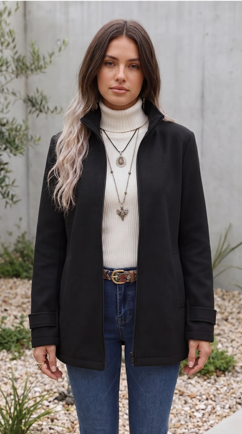 Women's Longline Funnel Neck Zip Up Winter Jacket
