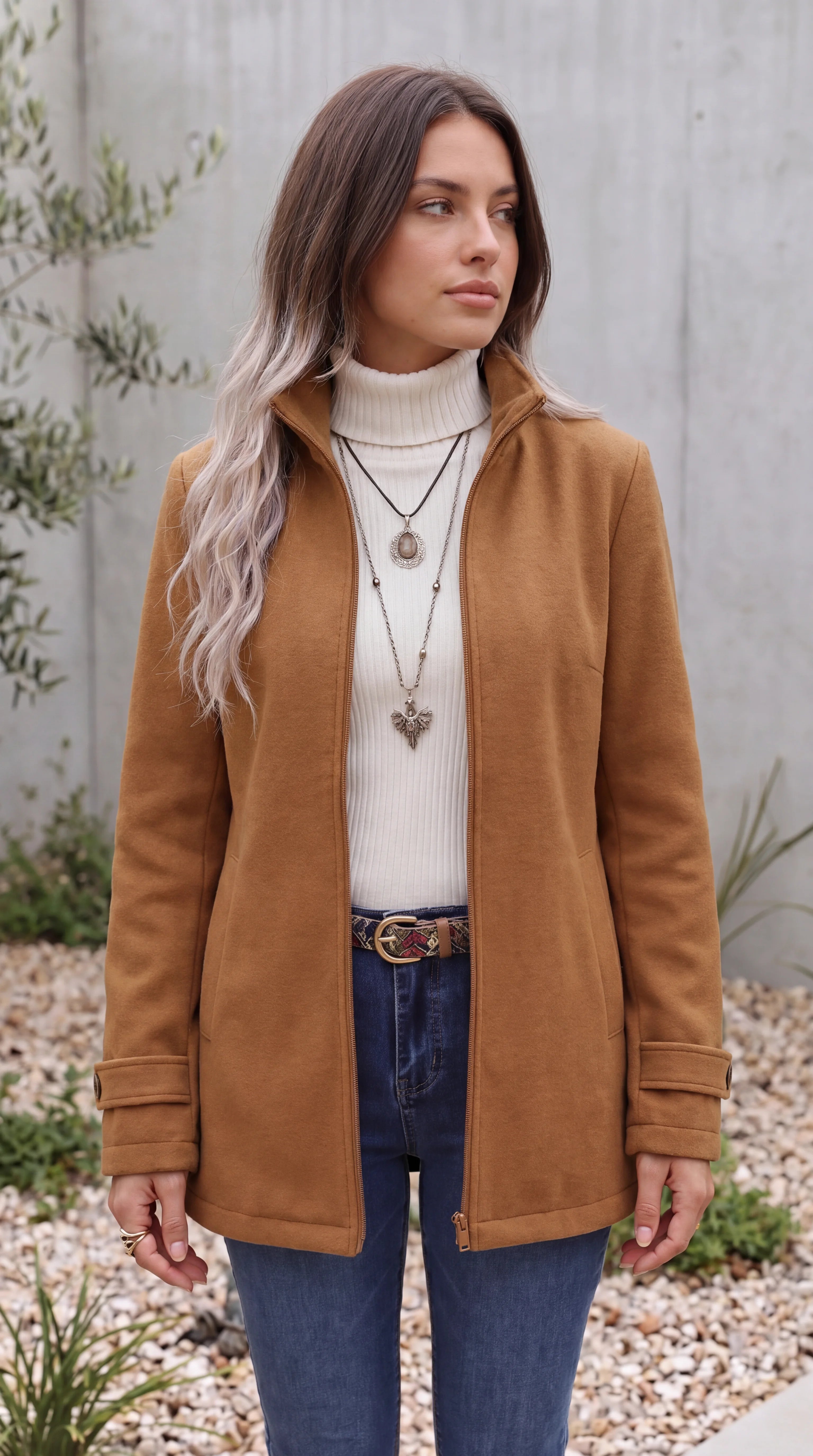 Women's Longline Funnel Neck Zip Up Winter Jacket