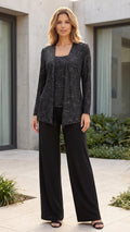 Women's Sequin Lace Jacket Three Piece Wide Leg Trouser Set