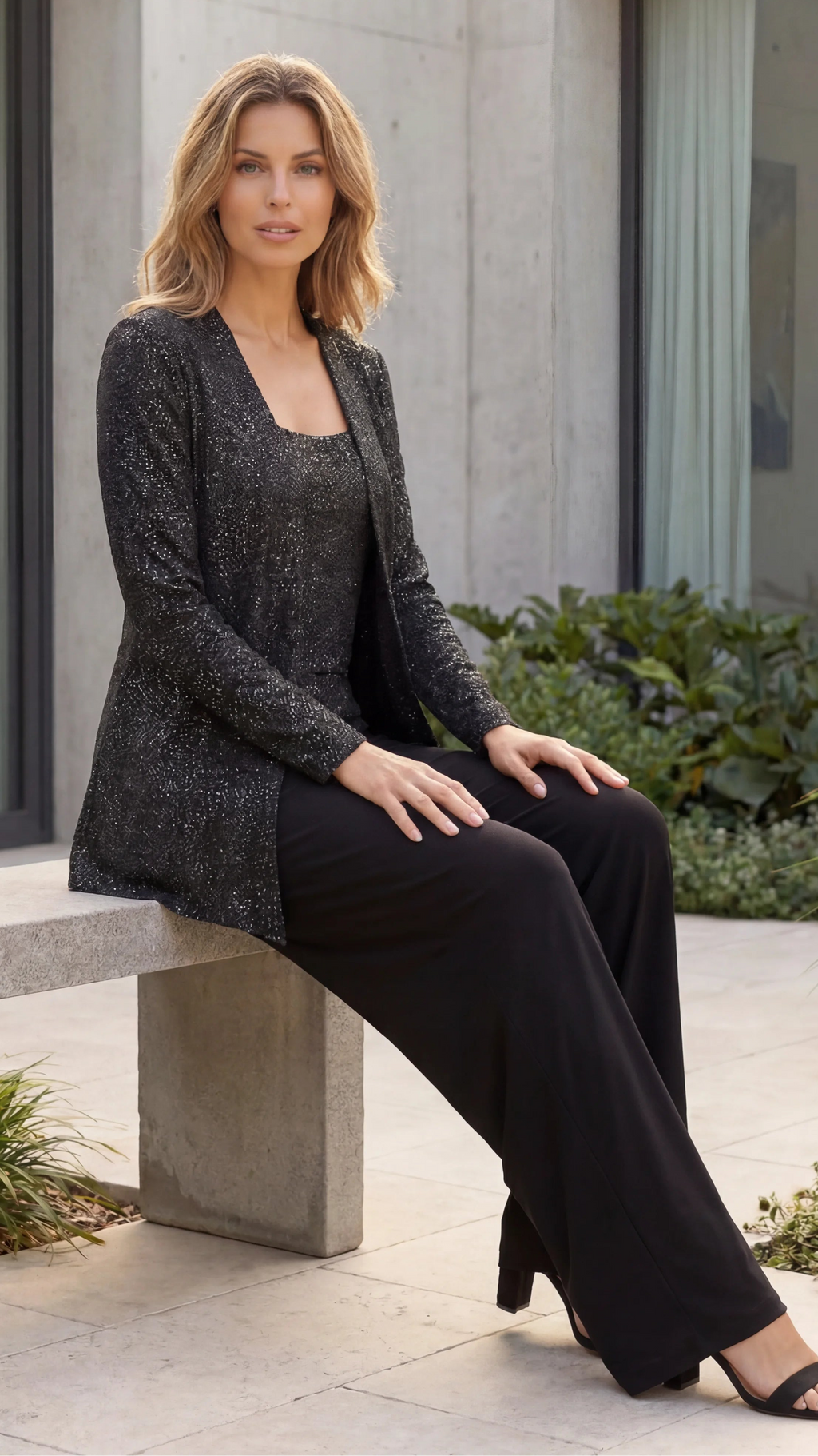 Women's Sequin Lace Jacket Three Piece Wide Leg Trouser Set