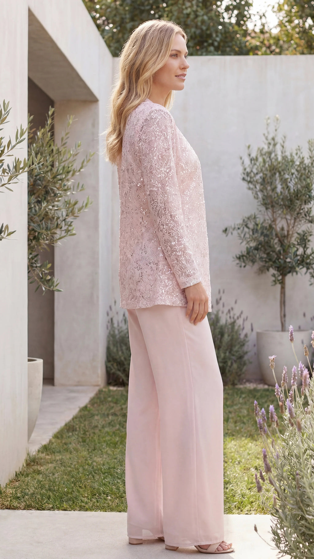 Women's Sequin Lace Jacket Three Piece Wide Leg Trouser Set