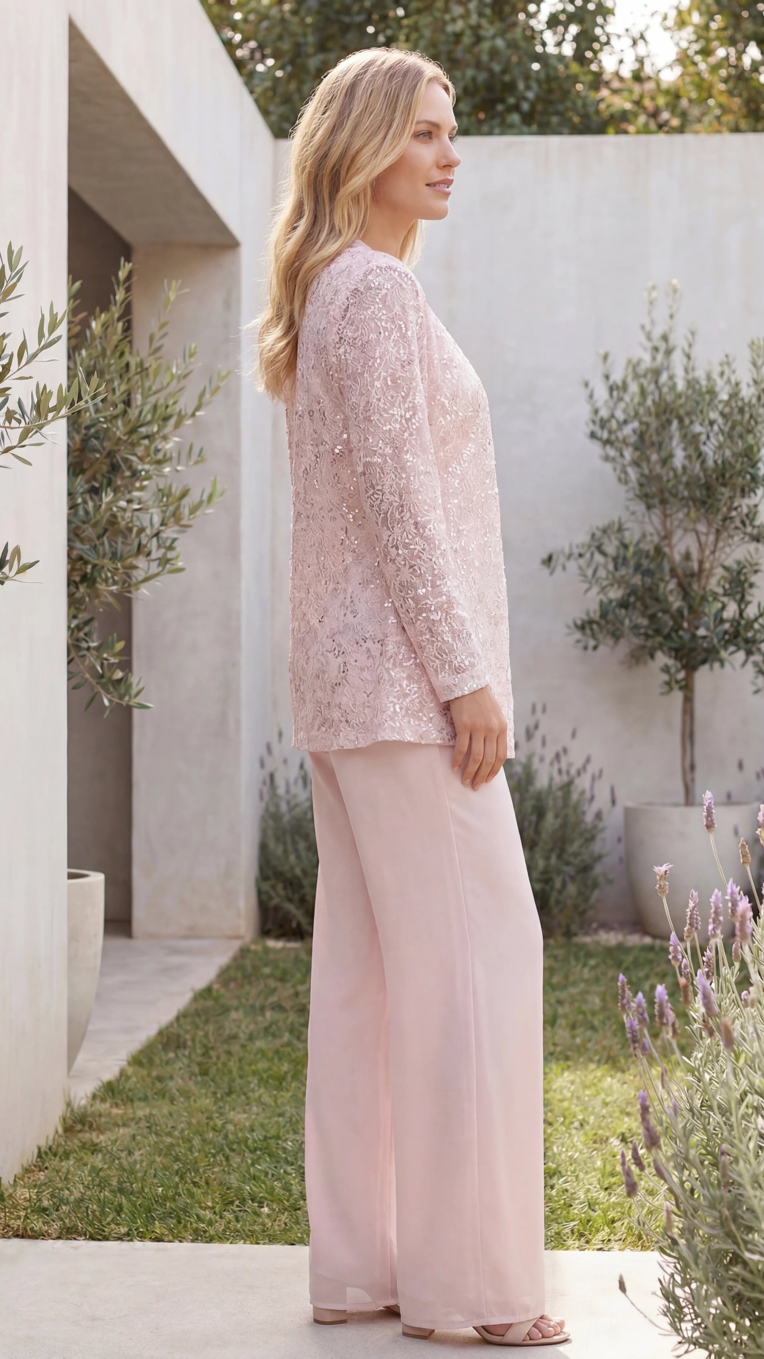 Women's Sequin Lace Jacket Three Piece Wide Leg Trouser Set