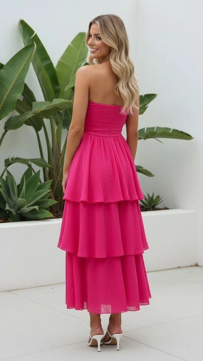Women's Strapless Tiered Ruffle Maxi Dress