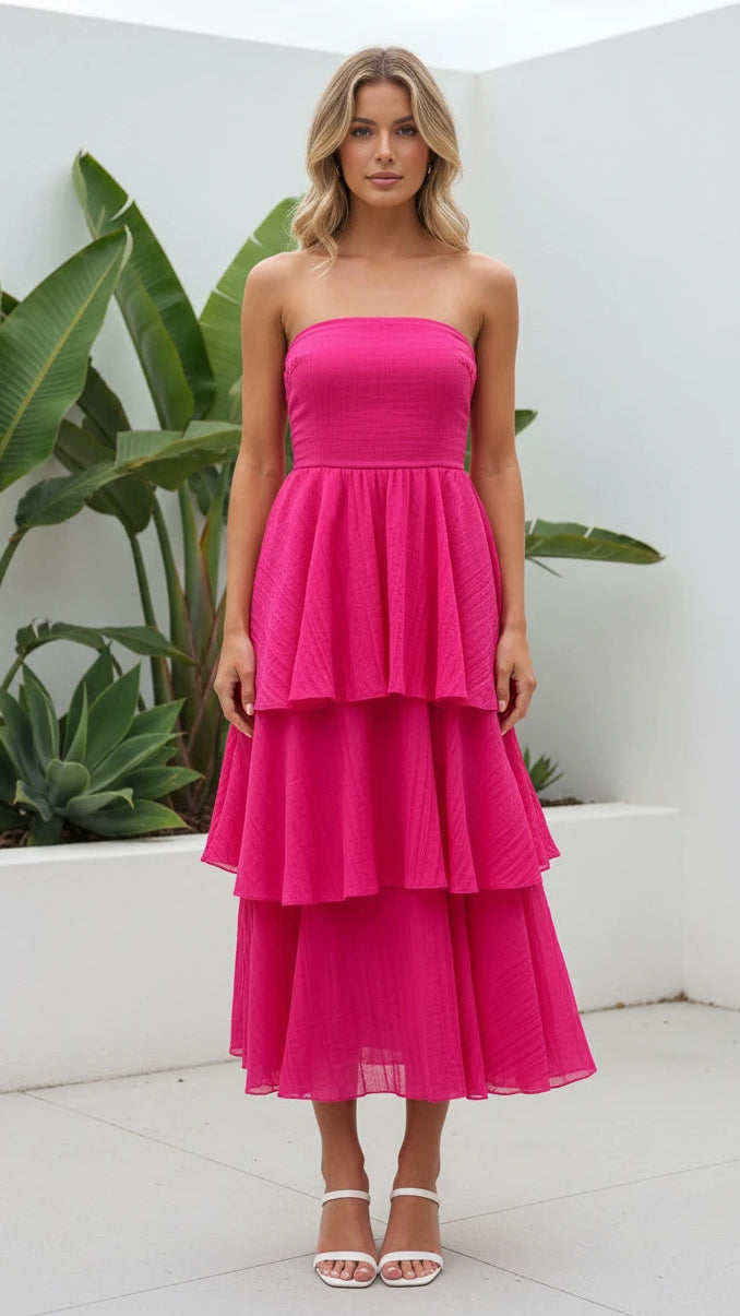 Women's Strapless Tiered Ruffle Maxi Dress