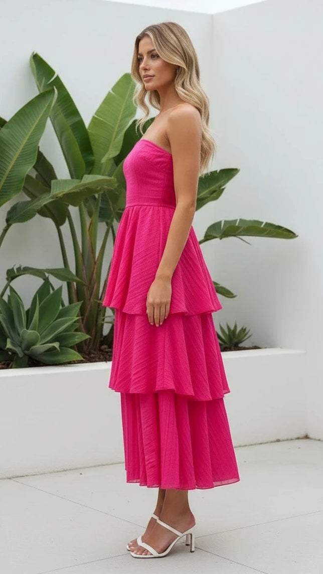 Women's Strapless Tiered Ruffle Maxi Dress