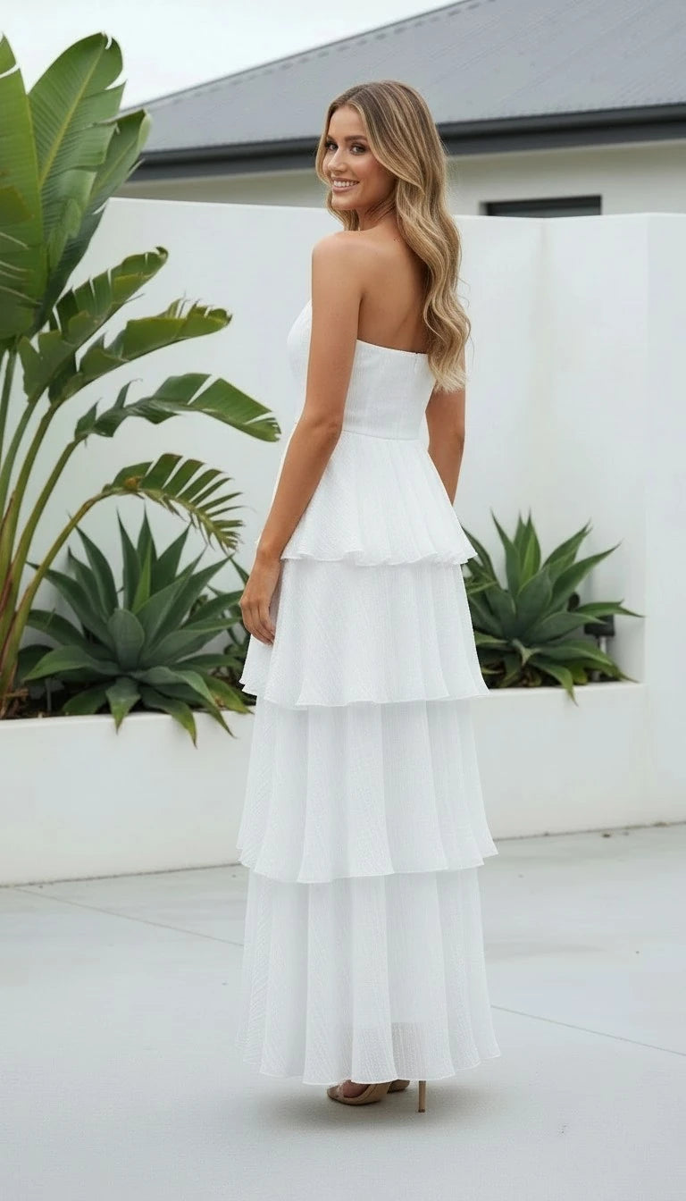 strapless tiered midi dress Strapless Tiered Fringe Midi Dress | Mint Fringe Dress