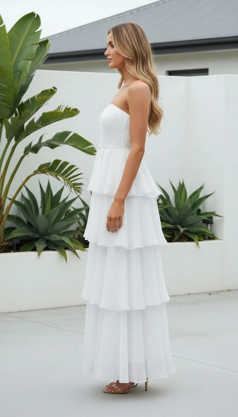 Women's Strapless Tiered Ruffle Maxi Dress