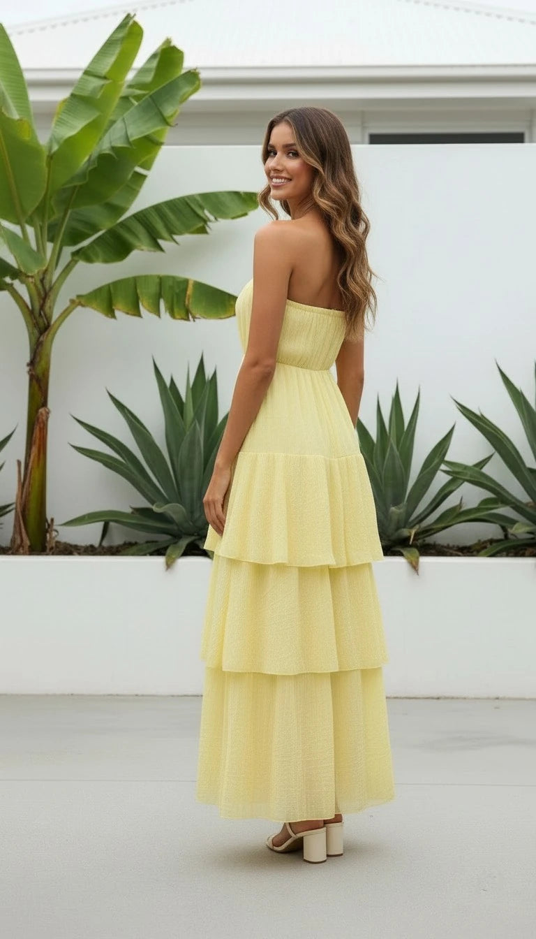 Women's Strapless Tiered Ruffle Maxi Dress