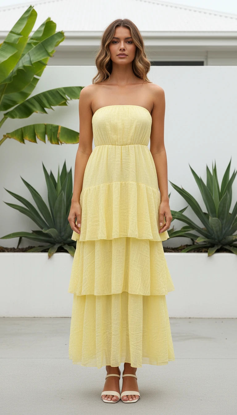 Women's Strapless Tiered Ruffle Maxi Dress
