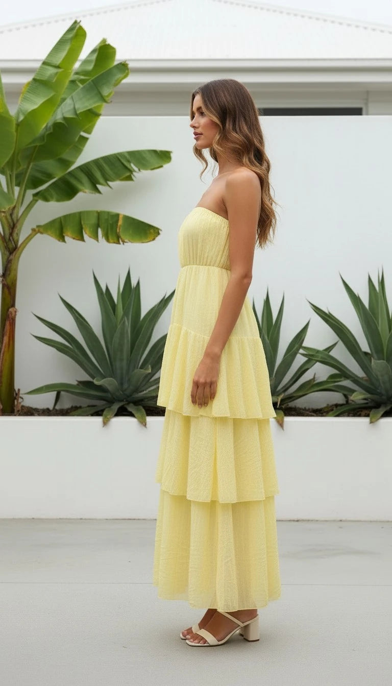 Women's Strapless Tiered Ruffle Maxi Dress