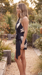 Women's Halter Neck Abstract Print Wrap Mini Dress