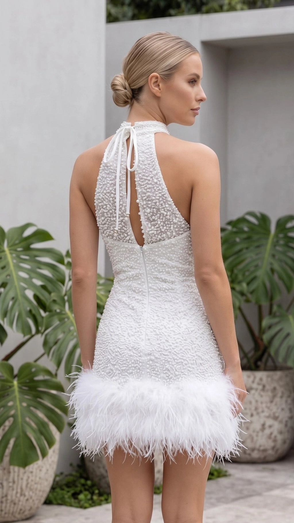 Women’s Halter Neck Embellished Feather Trim Mini Dress