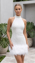 Women’s Halter Neck Embellished Feather Trim Mini Dress