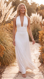 Women's Boho Maxi Dress | Halter Neck Plunge Ruched Waist Sleeveless Dress