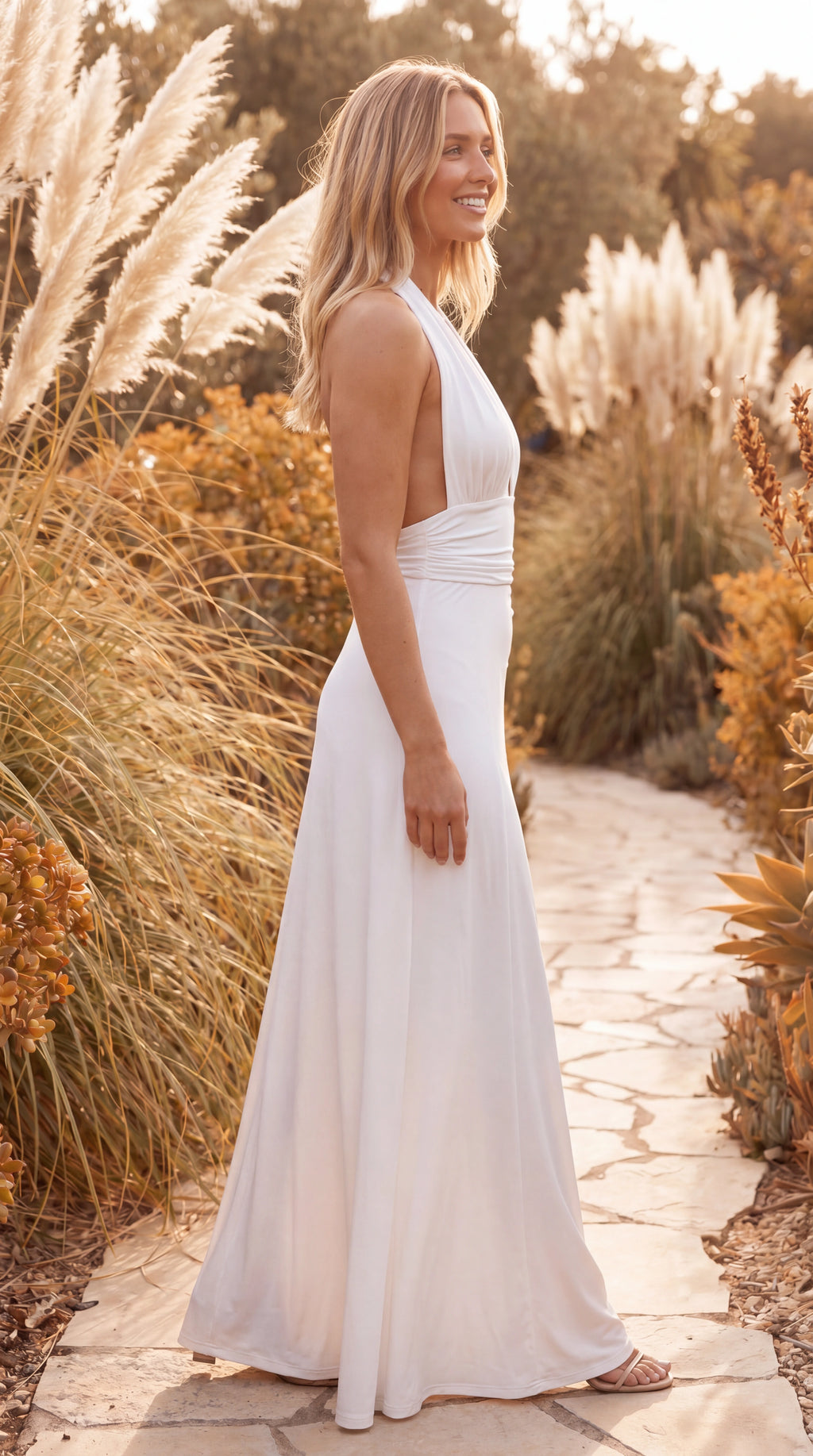Women's Boho Maxi Dress | Halter Neck Plunge Ruched Waist Sleeveless Dress