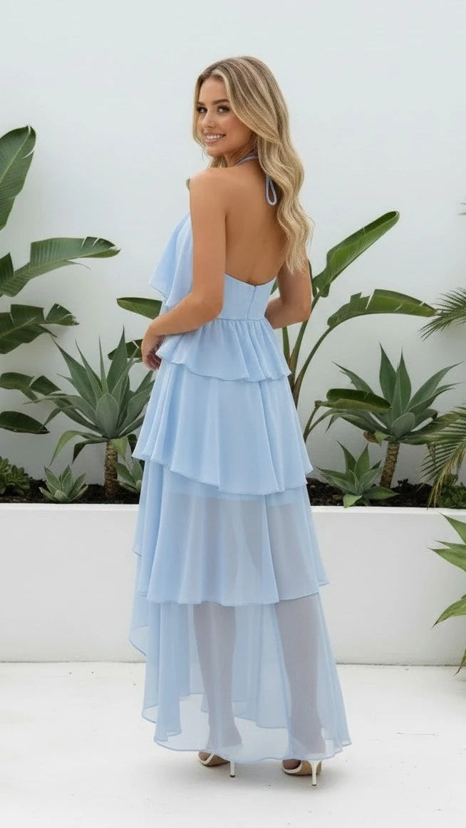 Women's Halter Neck Ruffle Layered Maxi Dress