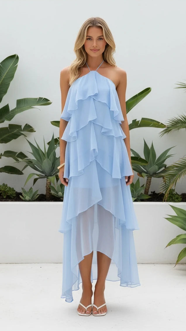 Women's Halter Neck Ruffle Layered Maxi Dress
