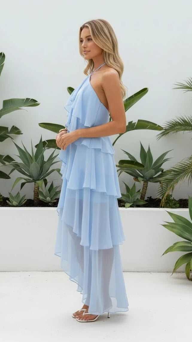 Women's Halter Neck Ruffle Layered Maxi Dress