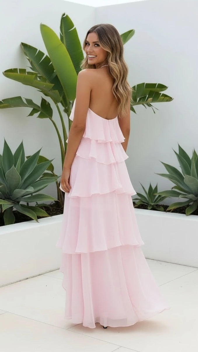 Women's Halter Neck Ruffle Layered Maxi Dress