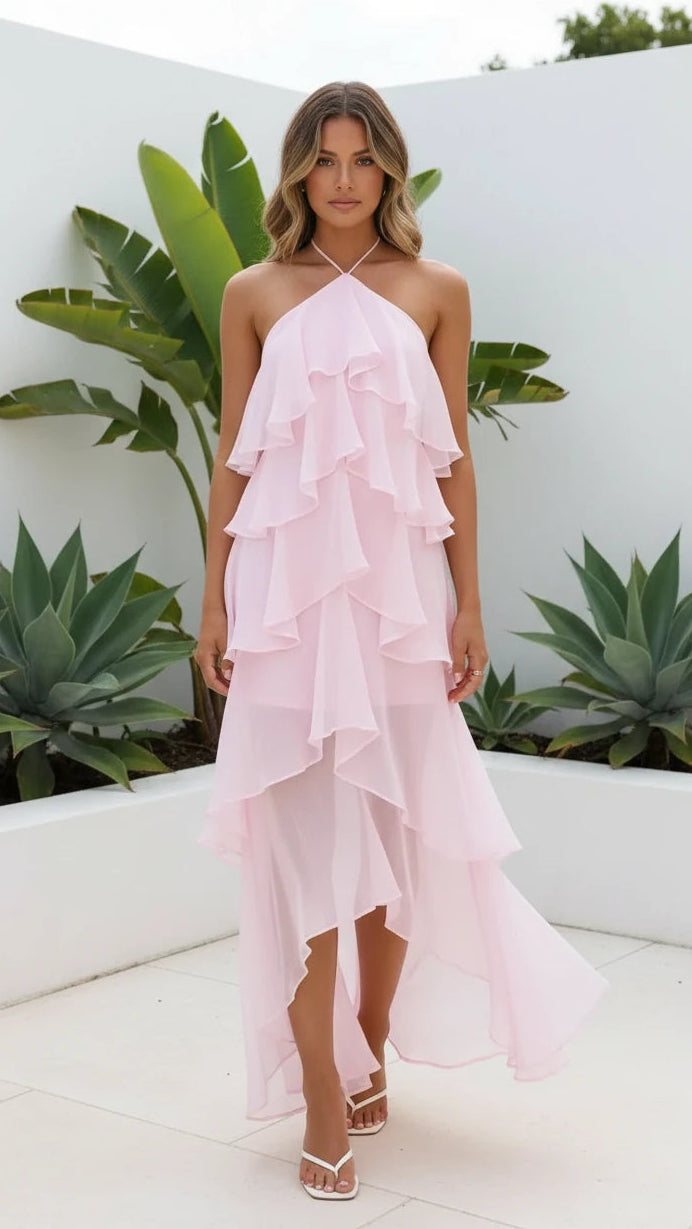 Women's Halter Neck Ruffle Layered Maxi Dress