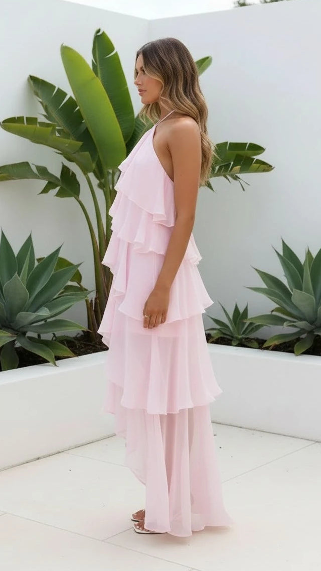 Women's Halter Neck Ruffle Layered Maxi Dress