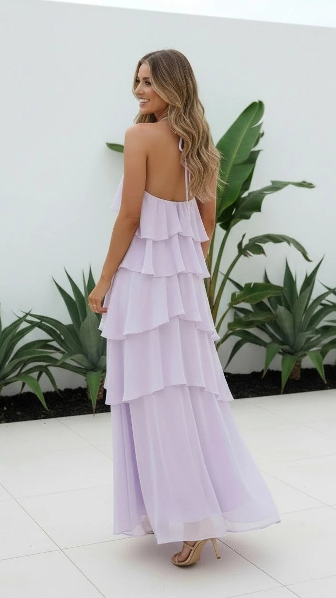 Women's Halter Neck Ruffle Layered Maxi Dress