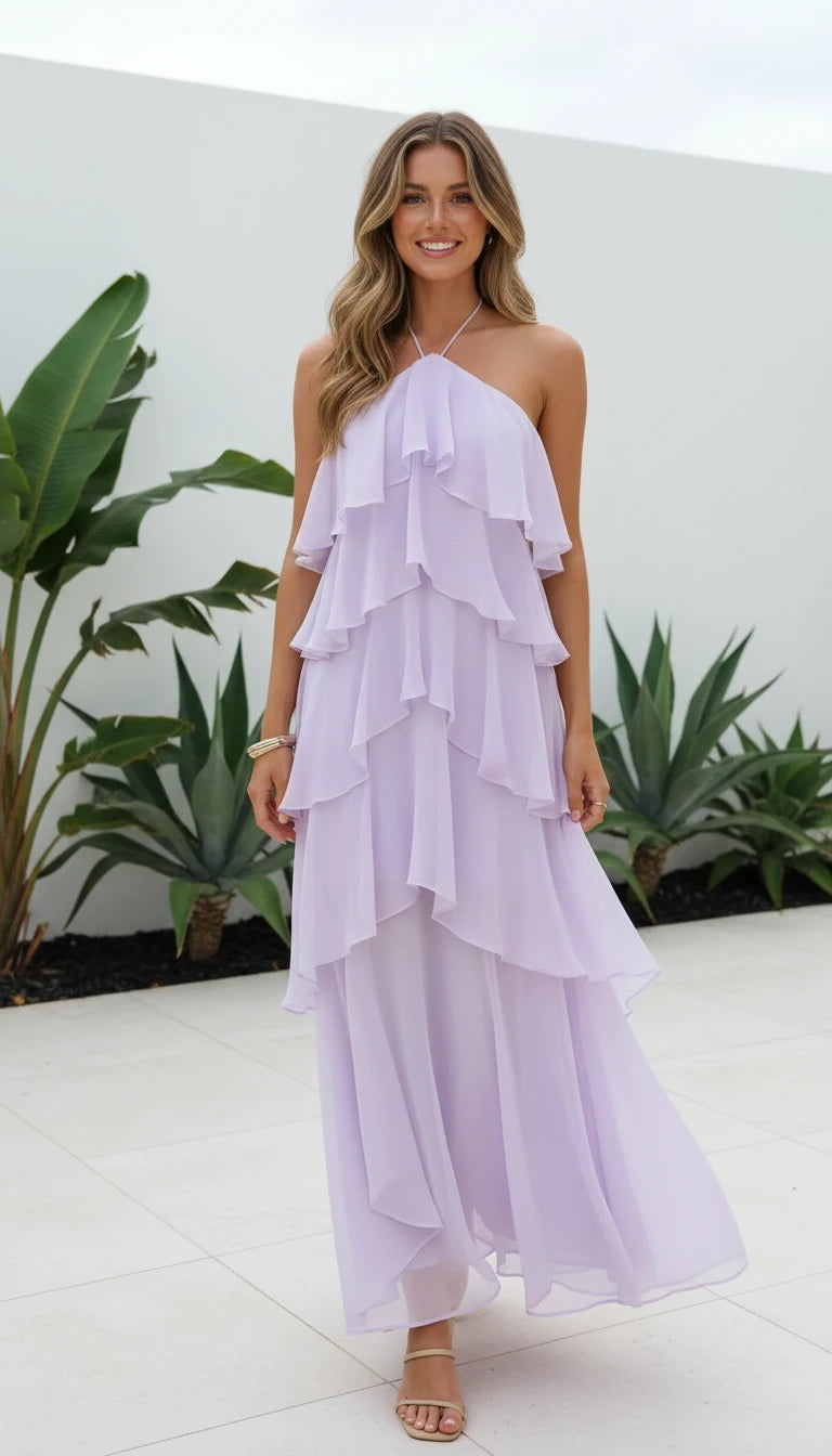 Women's Halter Neck Ruffle Layered Maxi Dress