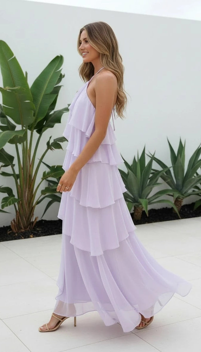 Women's Halter Neck Ruffle Layered Maxi Dress