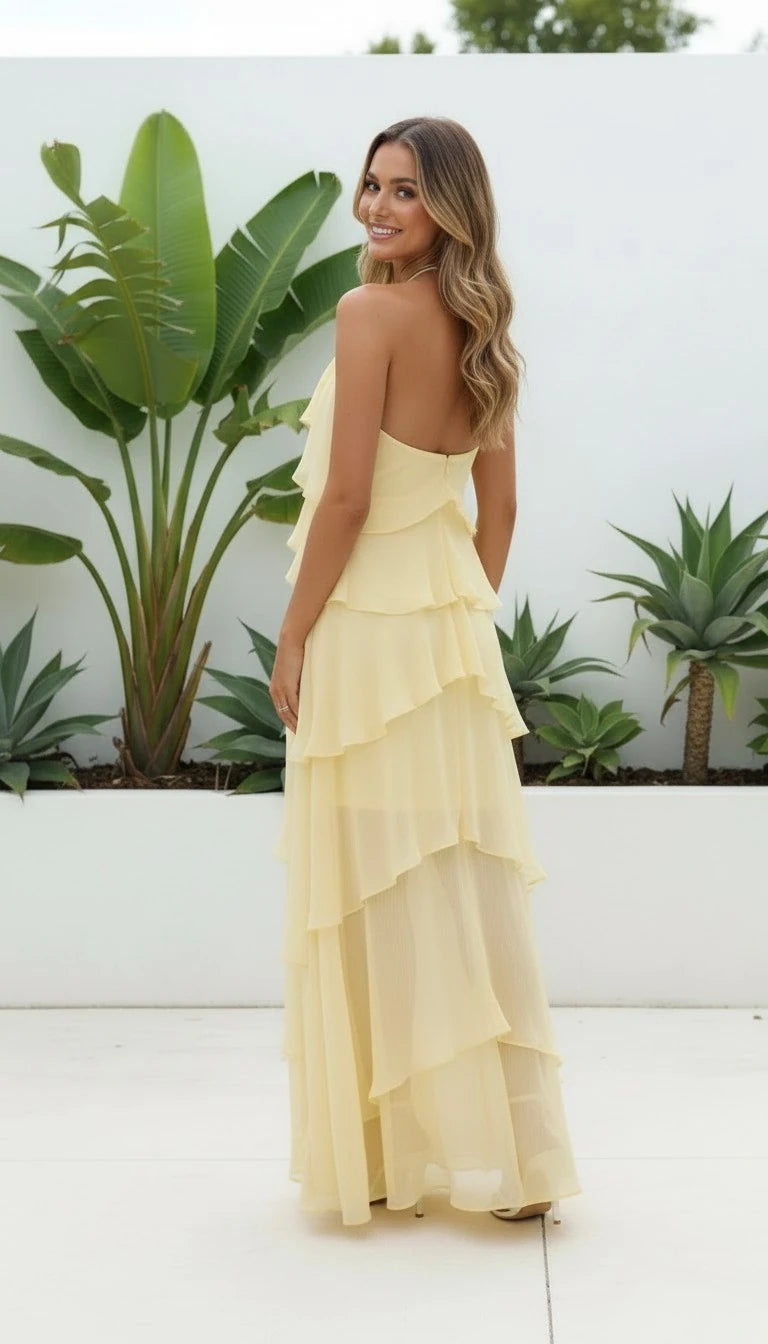 Women's Halter Neck Ruffle Layered Maxi Dress