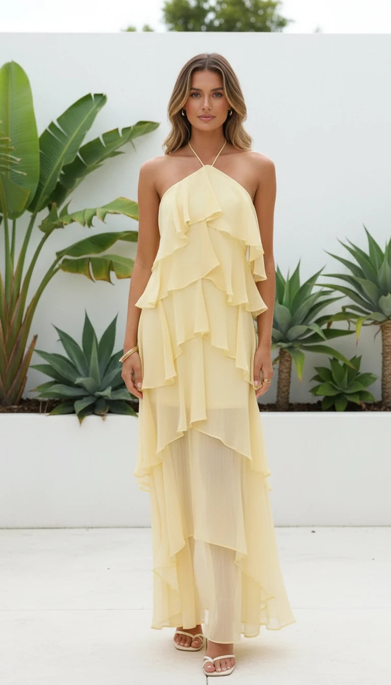 Women's Halter Neck Ruffle Layered Maxi Dress