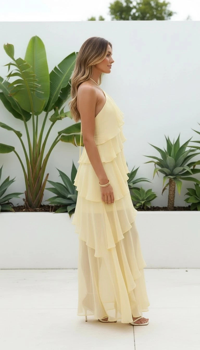 Women's Halter Neck Ruffle Layered Maxi Dress