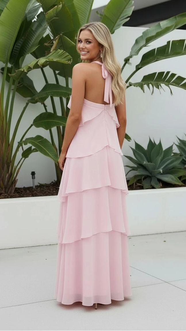 Women's Halter Neck Tiered Ruffled Maxi Dress