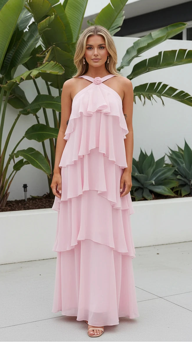 Women's Halter Neck Tiered Ruffled Maxi Dress
