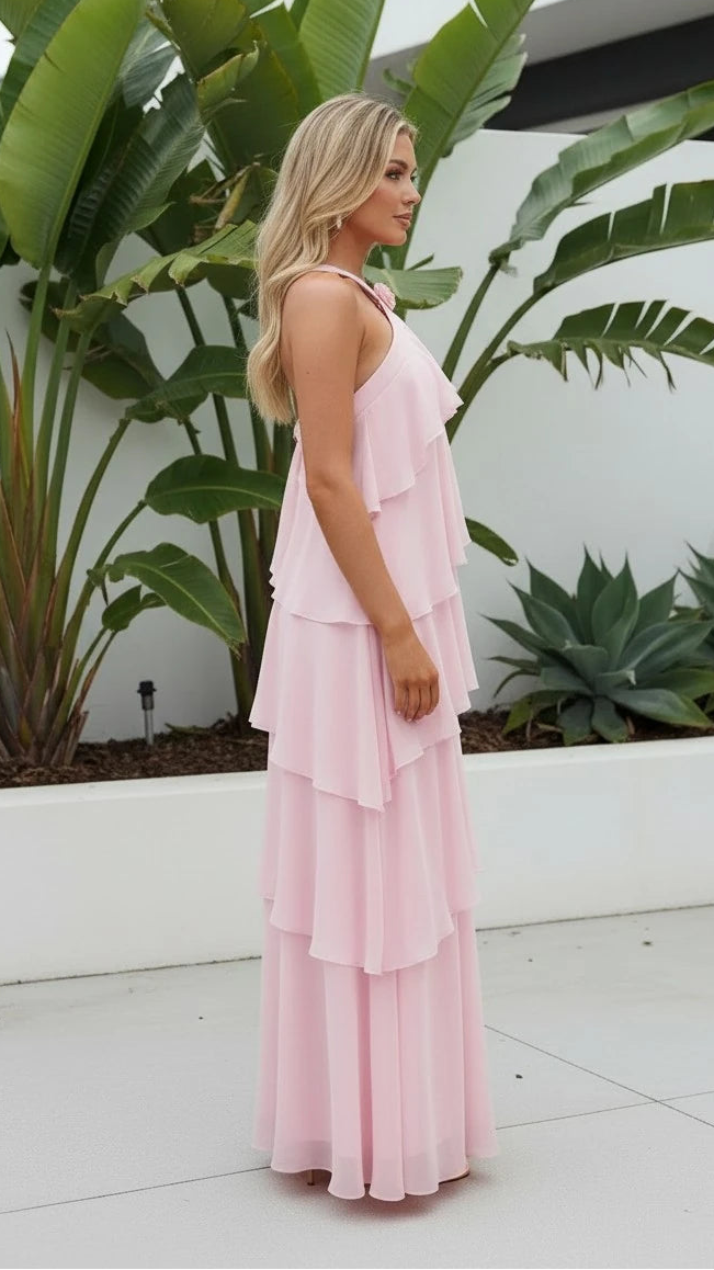 Women's Halter Neck Tiered Ruffled Maxi Dress