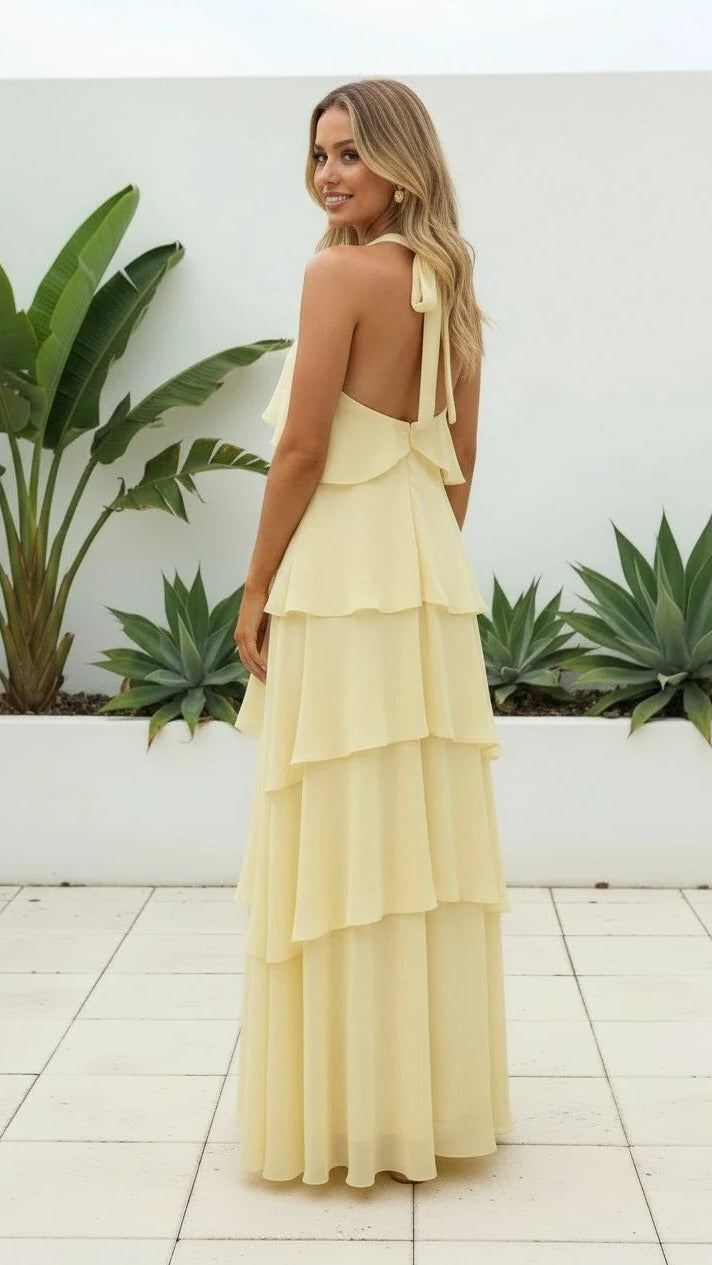 Women's Halter Neck Tiered Ruffled Maxi Dress