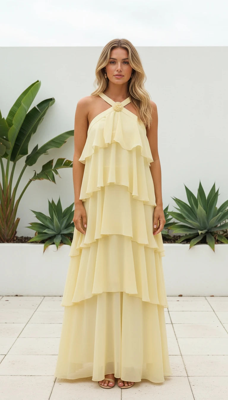 Women's Halter Neck Tiered Ruffled Maxi Dress