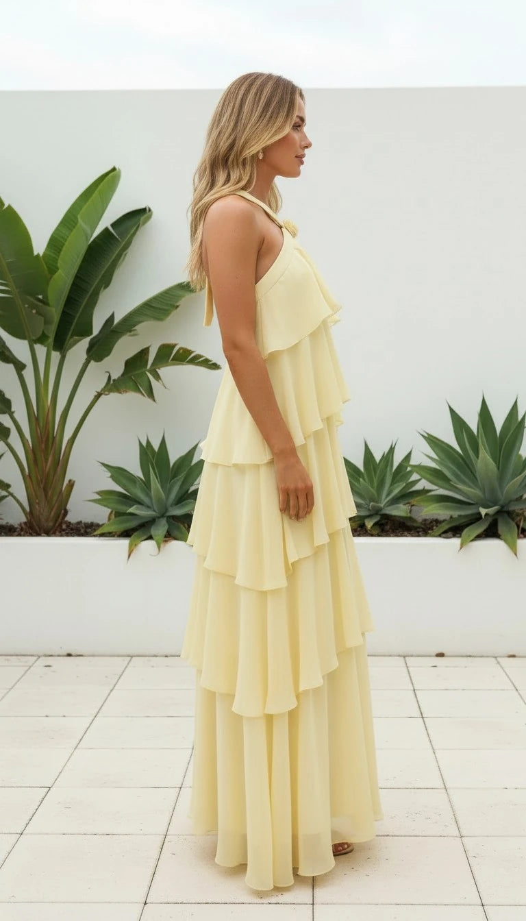 Women's Halter Neck Tiered Ruffled Maxi Dress
