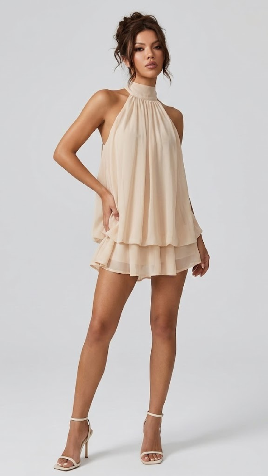 Women's Mini Dress | High Neck Halter Open Back Tiered Ruffle Dress 1