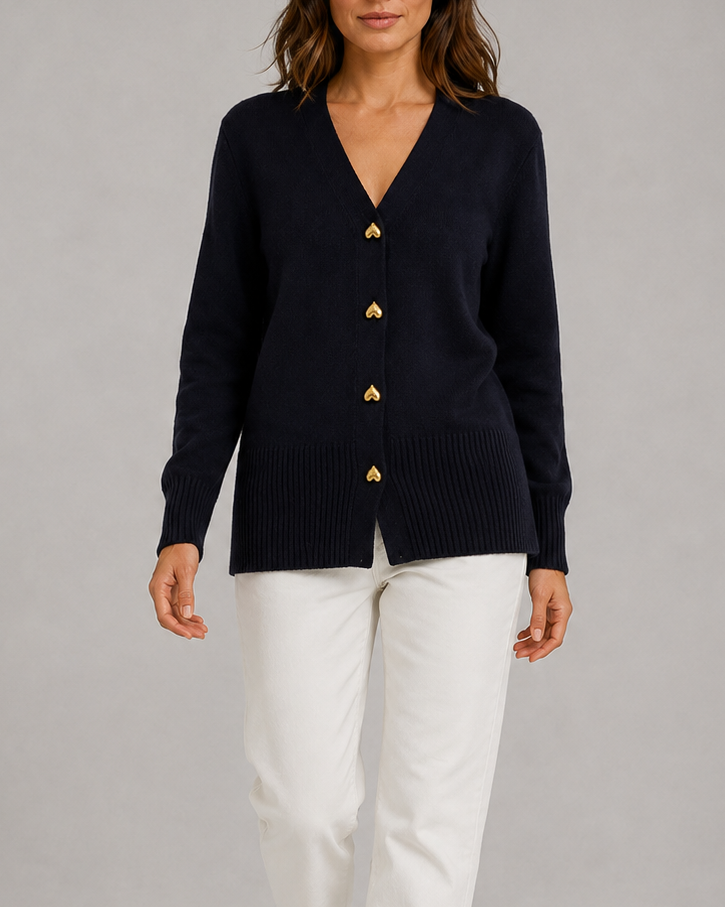 Women's V Neck Knit Cardigan with Heart Buttons