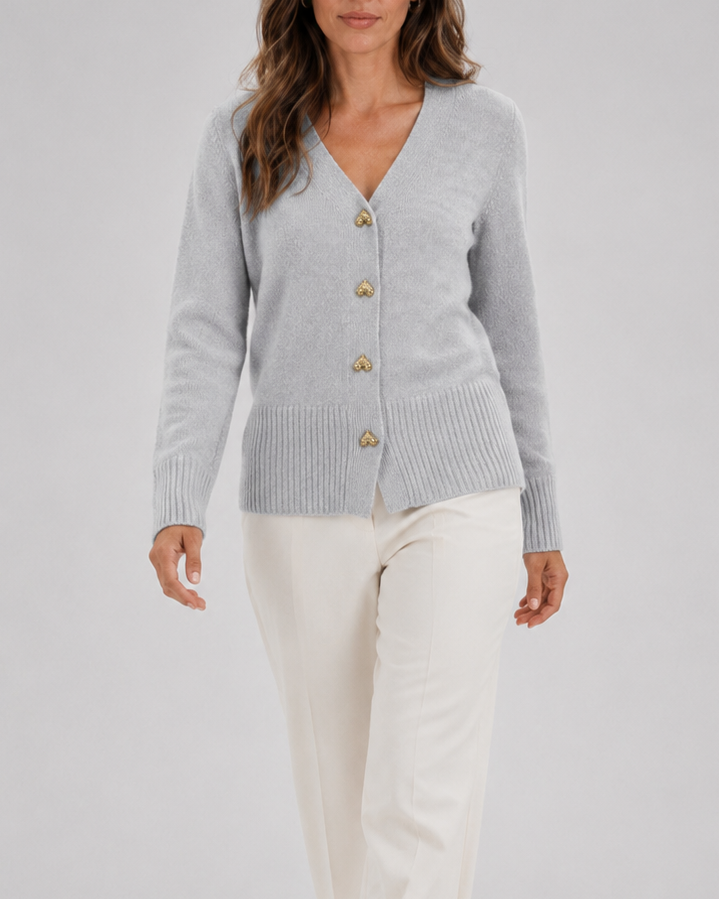 Women's V Neck Knit Cardigan with Heart Buttons