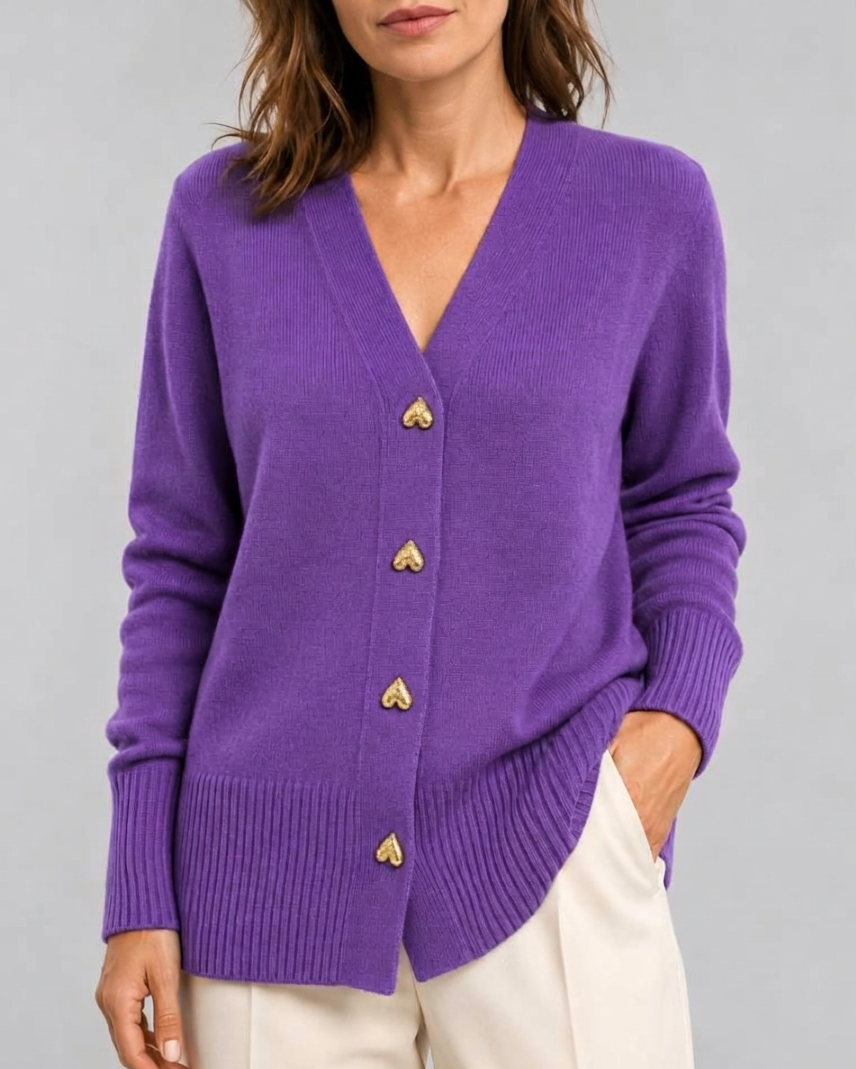Women's V Neck Knit Cardigan with Heart Buttons
