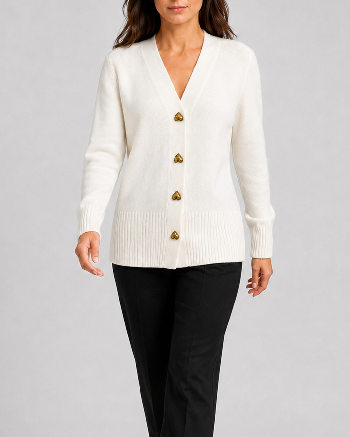 Women's V Neck Knit Cardigan with Heart Buttons