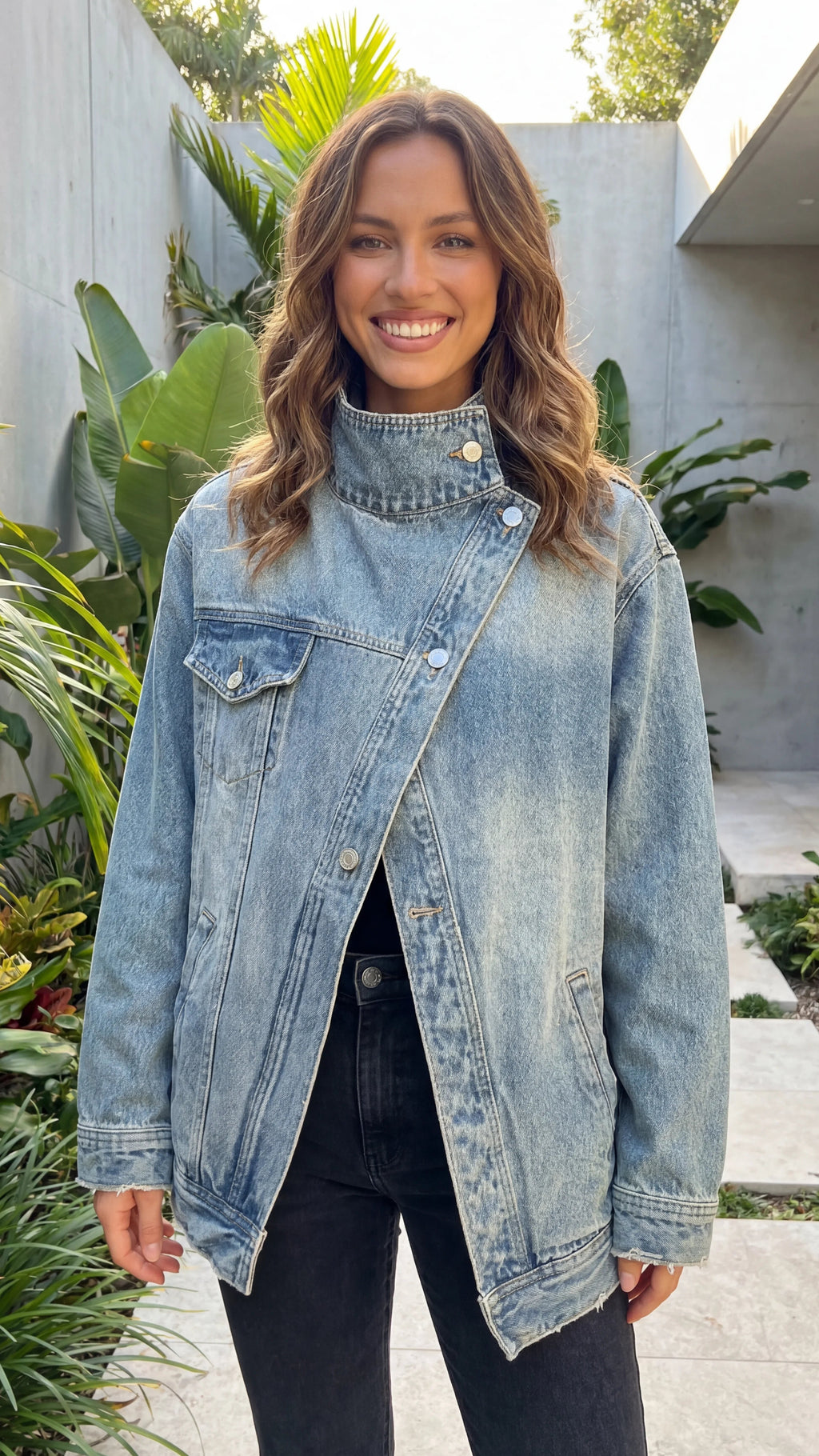 Women's High Collar Asymmetric Button Front Oversized Denim Jacket