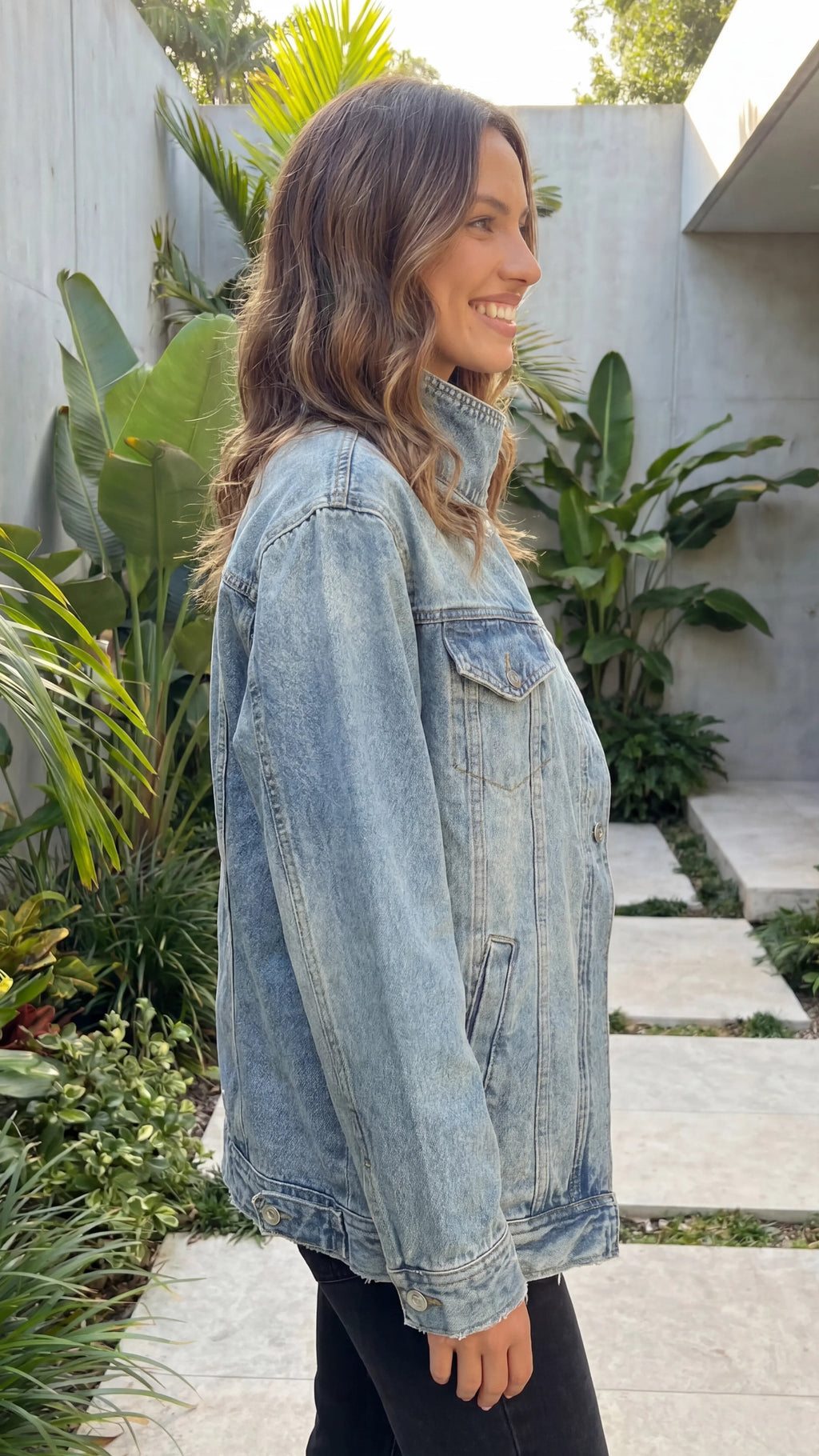Women's High Collar Asymmetric Button Front Oversized Denim Jacket