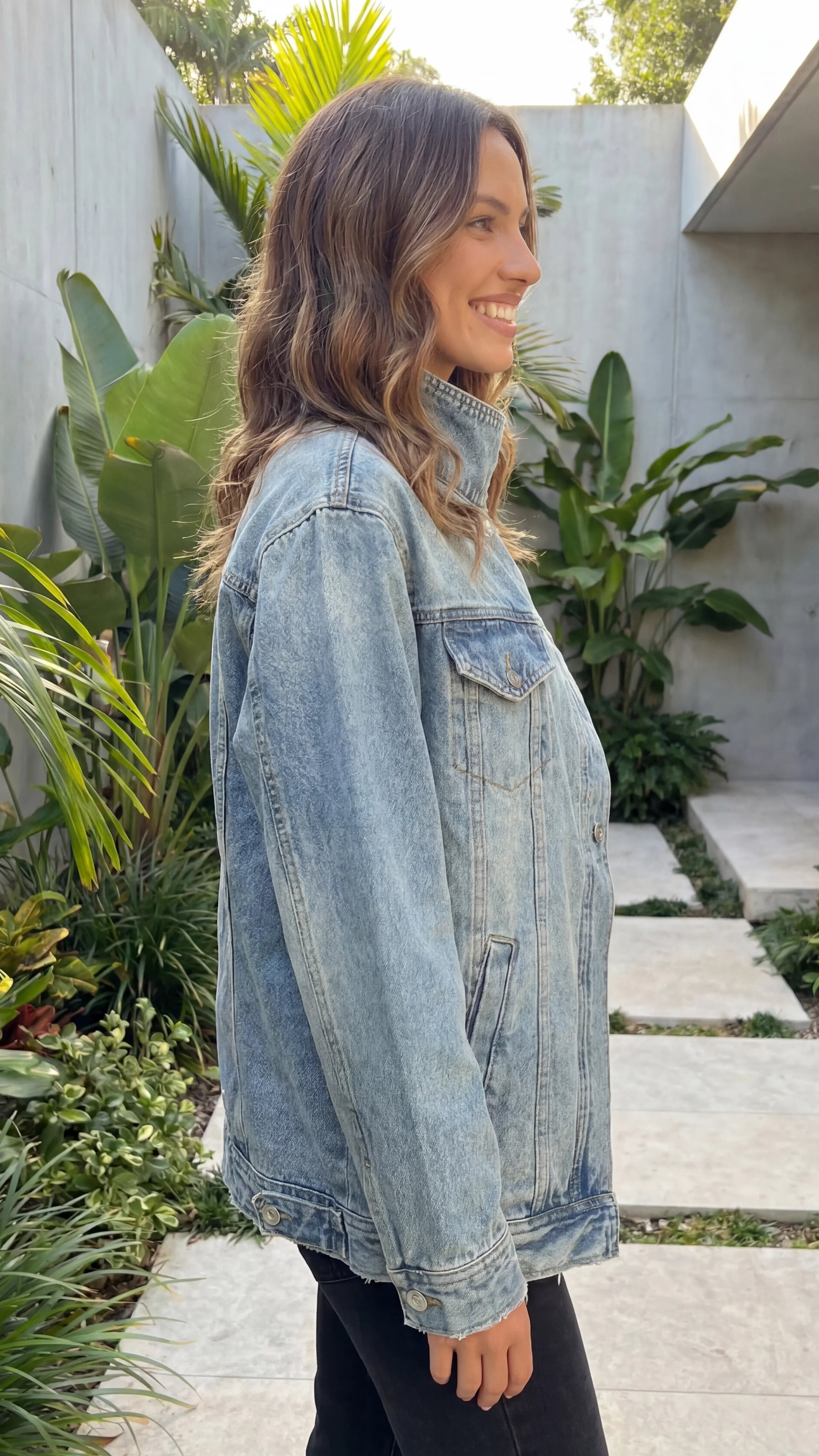 Women's High Collar Asymmetric Button Front Oversized Denim Jacket