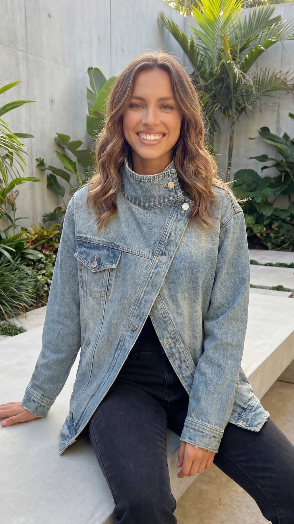 Women's High Collar Asymmetric Button Front Oversized Denim Jacket